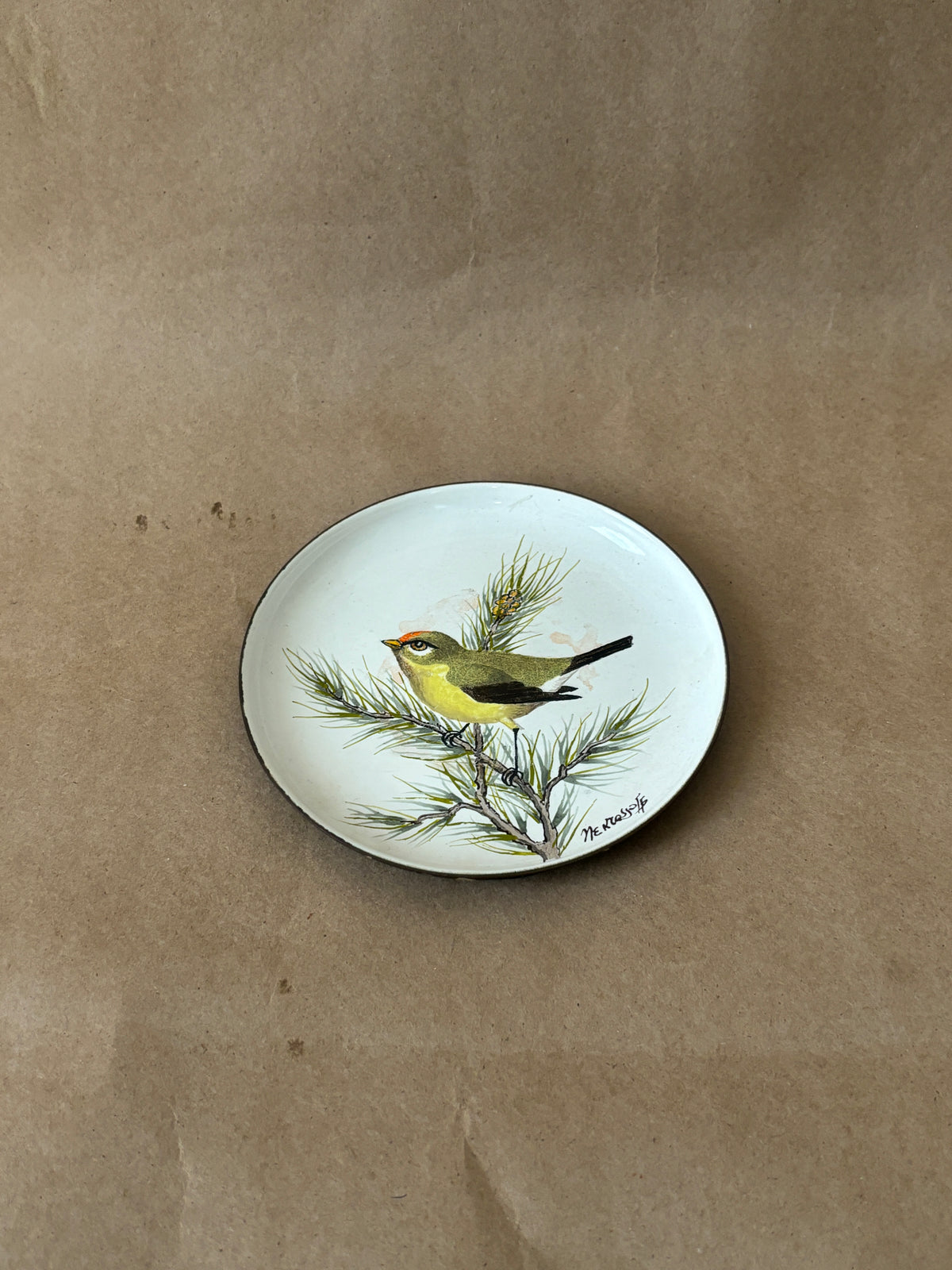 Enamel on Copper Bird Dish, Signed