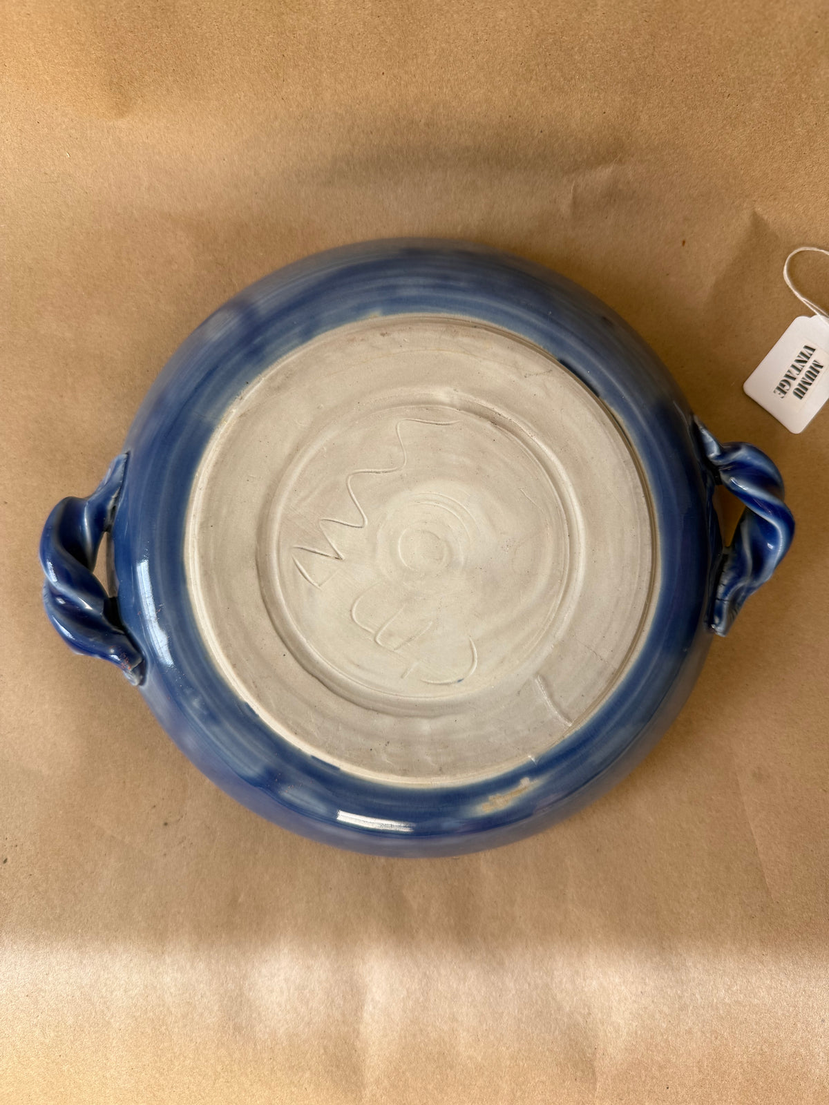 Blue Studio Pottery Baker with Twisted Handles