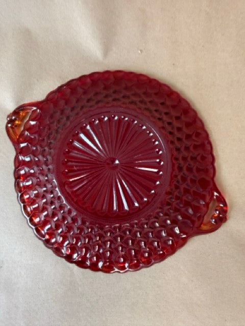 Ruby glass dish, scalloped rim and handles