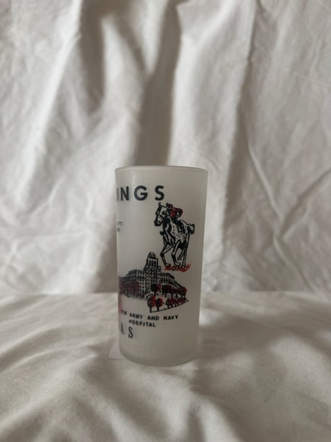 Hot Springs souvenir glass showing the Army and Navy Hospital and racehorse