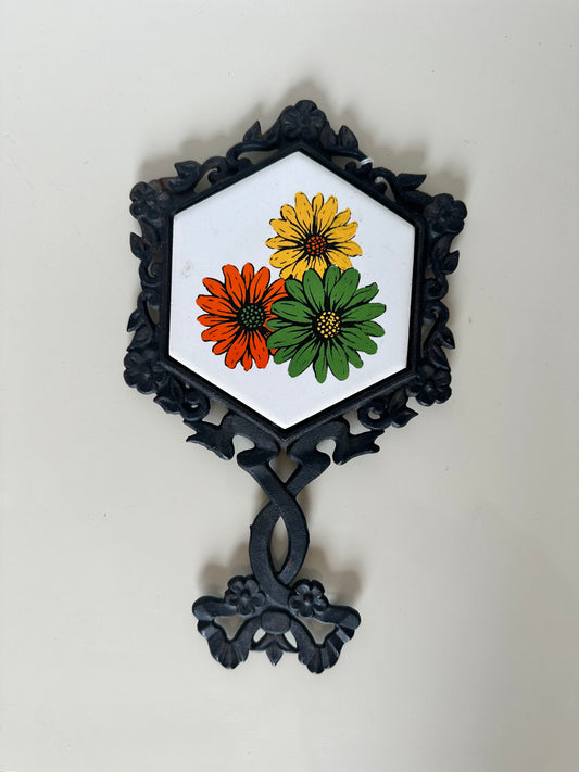 Vintage Cast Iron Trivet with Tile inlay floral