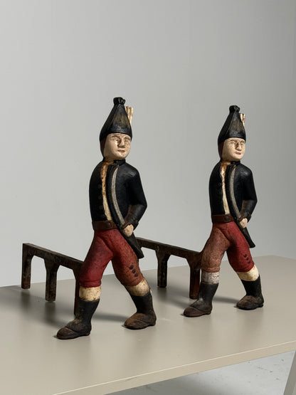 Pair of 19th Century Cast Iron Hessian Soldier Andirons Firelog holder