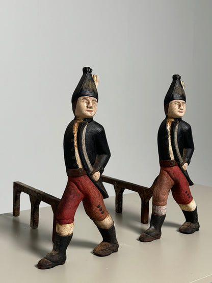 Pair of 19th Century Cast Iron Hessian Soldier Andirons Firelog holder
