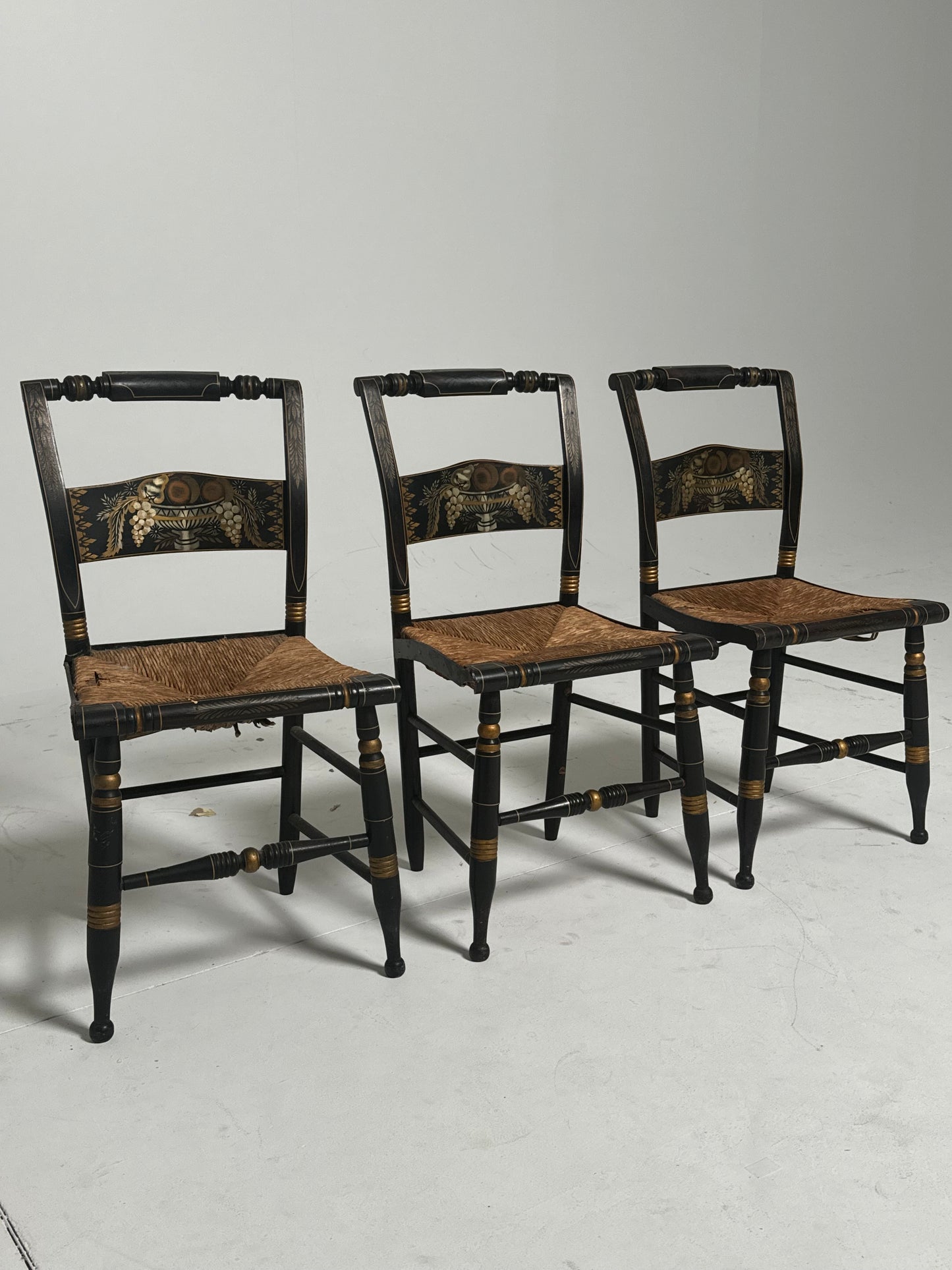 Set of Ebonised Frame and Rush Chairs (3)