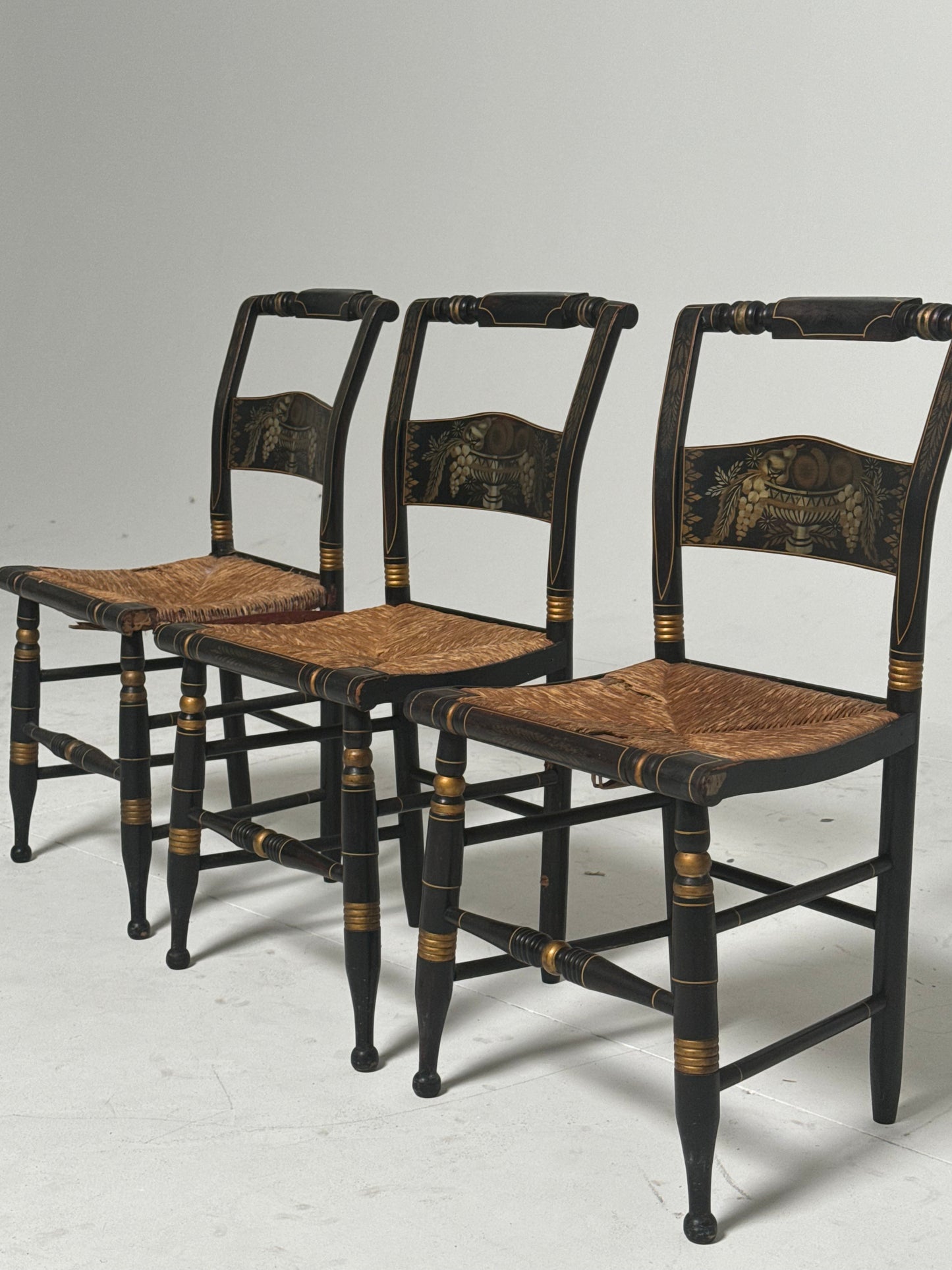 Set of Ebonised Frame and Rush Chairs (3)