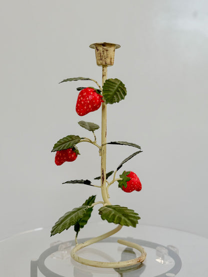 Vintage Pair Italian Tole Toleware Strawberry Vine Candle Holders