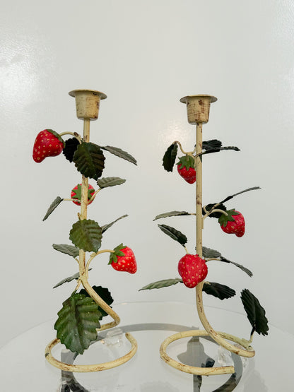 Vintage Pair Italian Tole Toleware Strawberry Vine Candle Holders