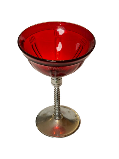 Art Deco Ruby Red and Chrome Cocktail Goblet Set (4 piece)