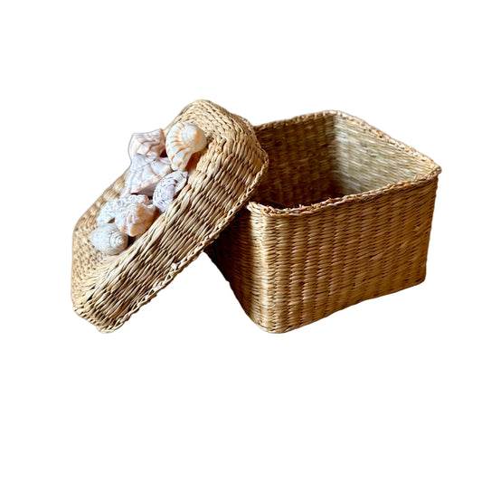 Woven Seagrass Lidded Box with Shell-Encrusted Top