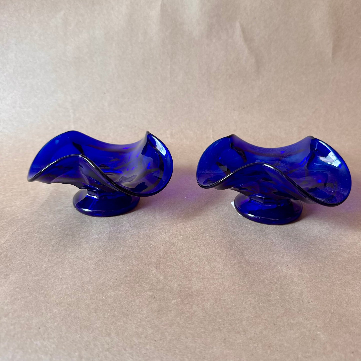 Cobalt Glass Ruffled Candle Holders, Pair