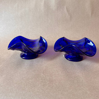 Cobalt Glass Ruffled Candle Holders, Pair