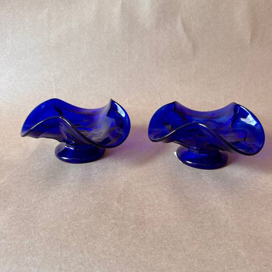 Cobalt Glass Ruffled Candle Holders, Pair