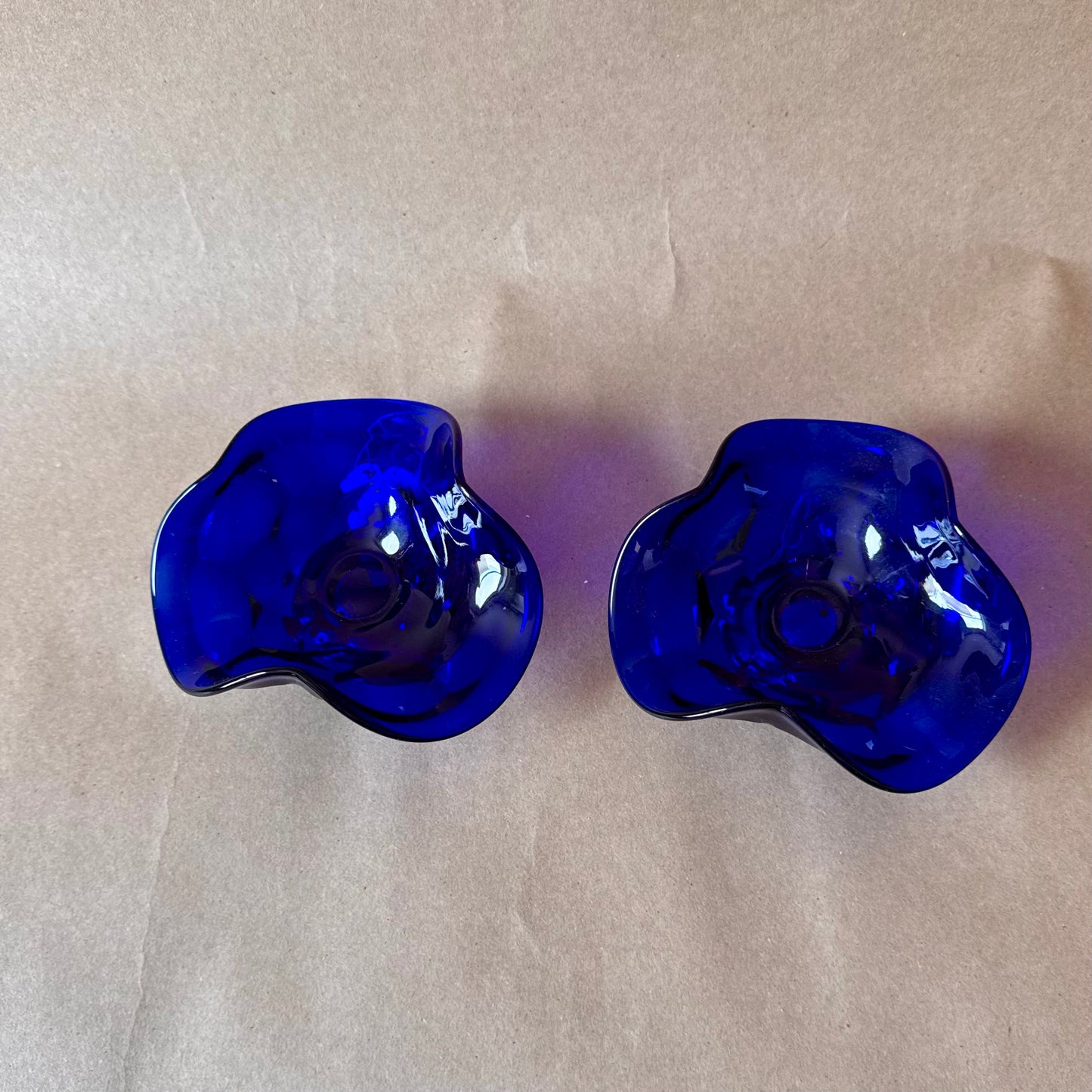Cobalt Glass Ruffled Candle Holders, Pair