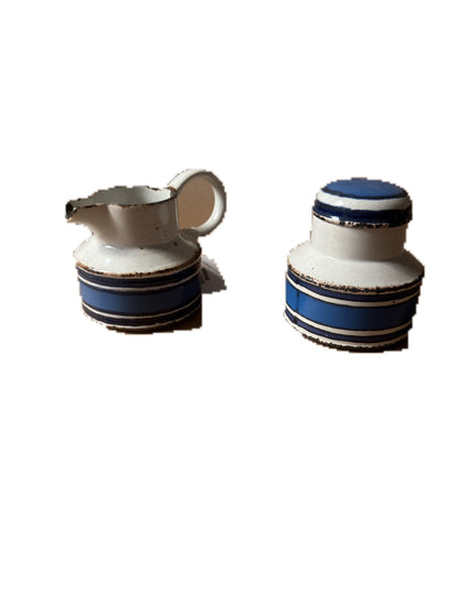 Vintage Blue-Striped Creamer & Sugar Jar Set