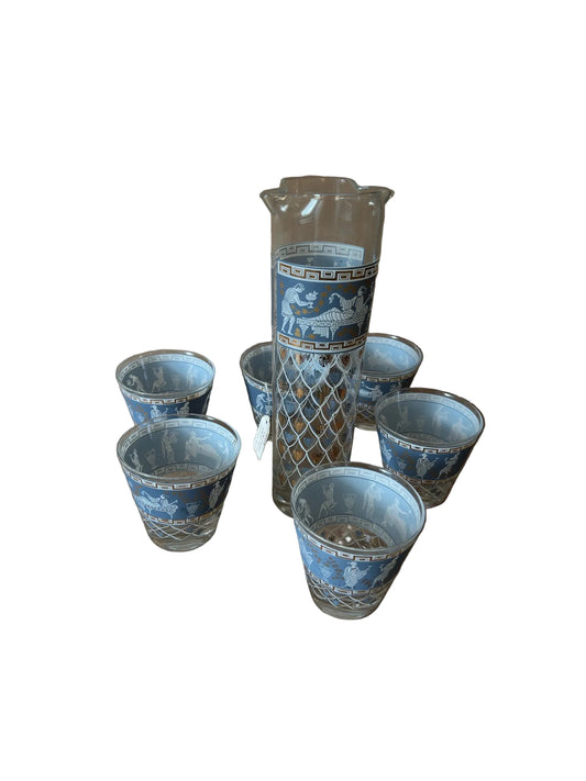 Grecian-Motif Glass Cocktail Pitcher Set