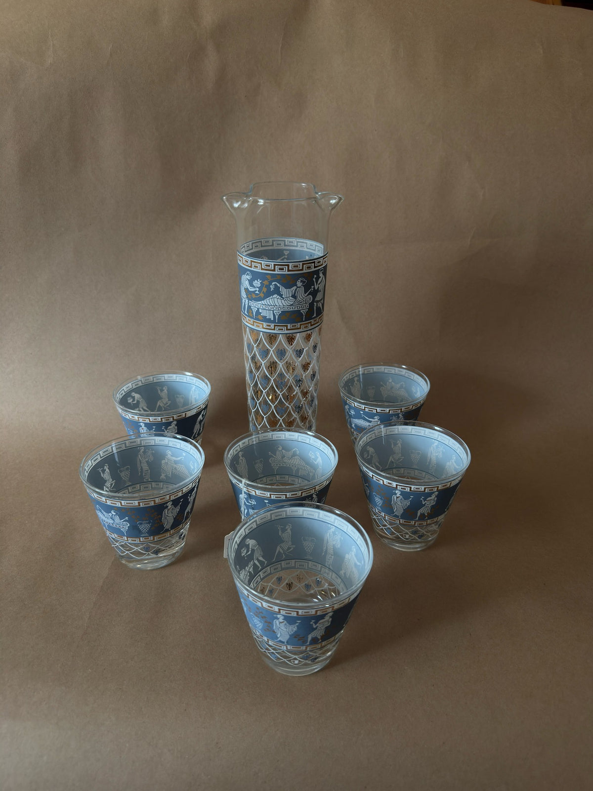 Grecian-Motif Glass Cocktail Pitcher Set