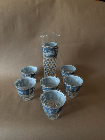 Grecian-Motif Glass Cocktail Pitcher Set