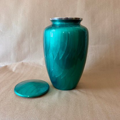 Lidded Metal Vessel, Teal Enamel with Silver-Tone Collar