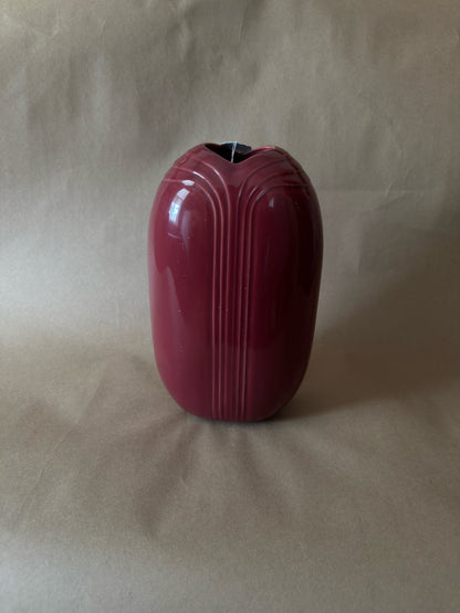 Vintage Burgundy Art Deco Ribbed Vase