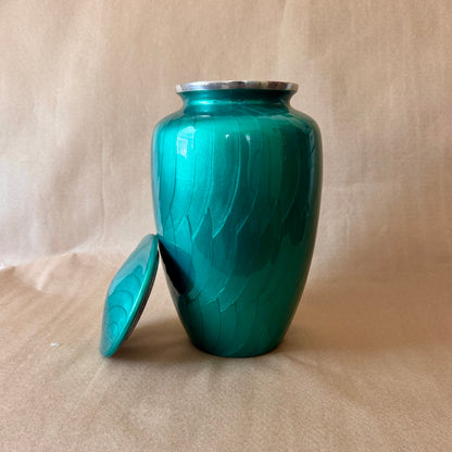 Lidded Metal Vessel, Teal Enamel with Silver-Tone Collar