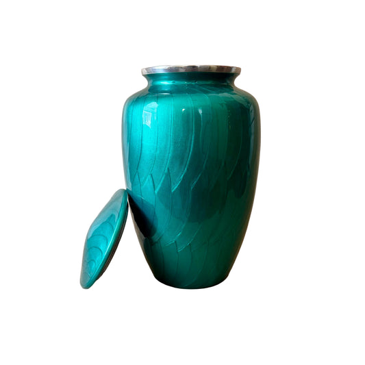 Lidded Metal Vessel, Teal Enamel with Silver-Tone Collar