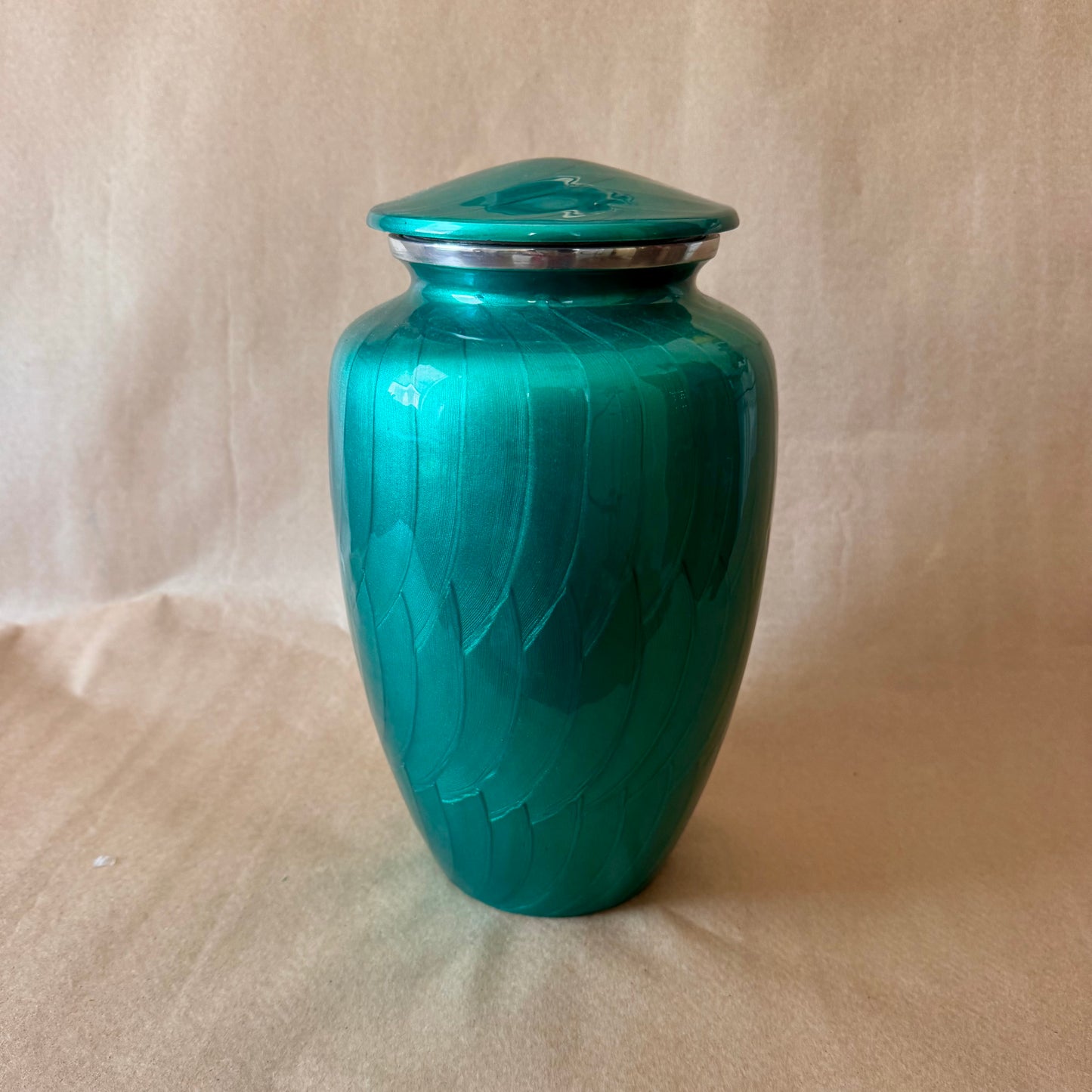 Lidded Metal Vessel, Teal Enamel with Silver-Tone Collar