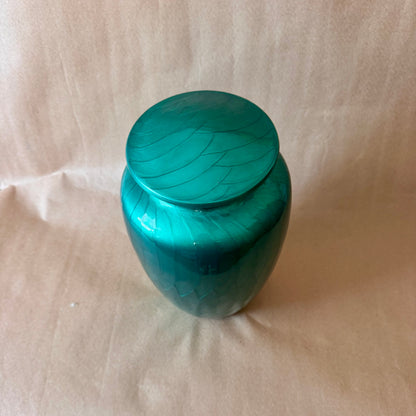 Lidded Metal Vessel, Teal Enamel with Silver-Tone Collar