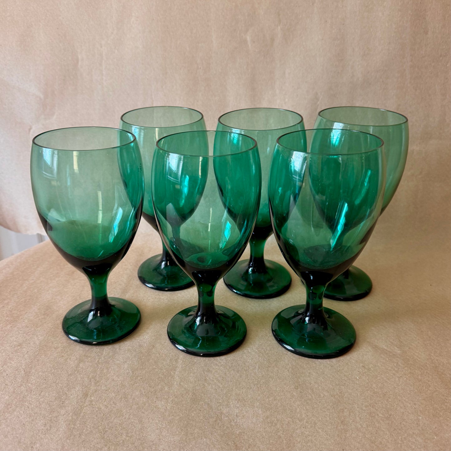 Green Glass Water Goblets, Set of Six