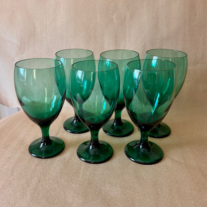 Green Glass Water Goblets, Set of Six