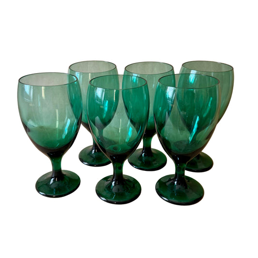 Green Glass Water Goblets, Set of Six