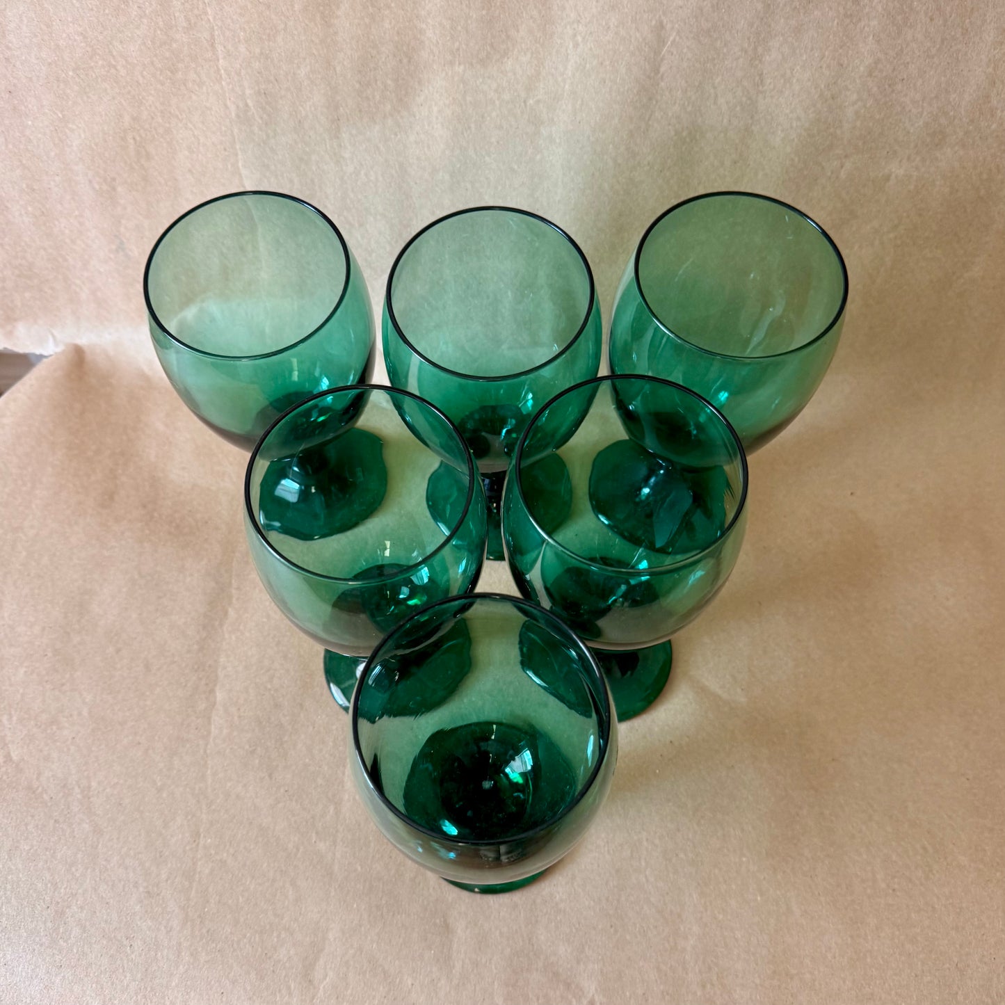 Green Glass Water Goblets, Set of Six