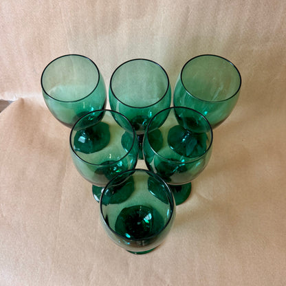 Green Glass Water Goblets, Set of Six