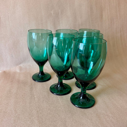 Green Glass Water Goblets, Set of Six