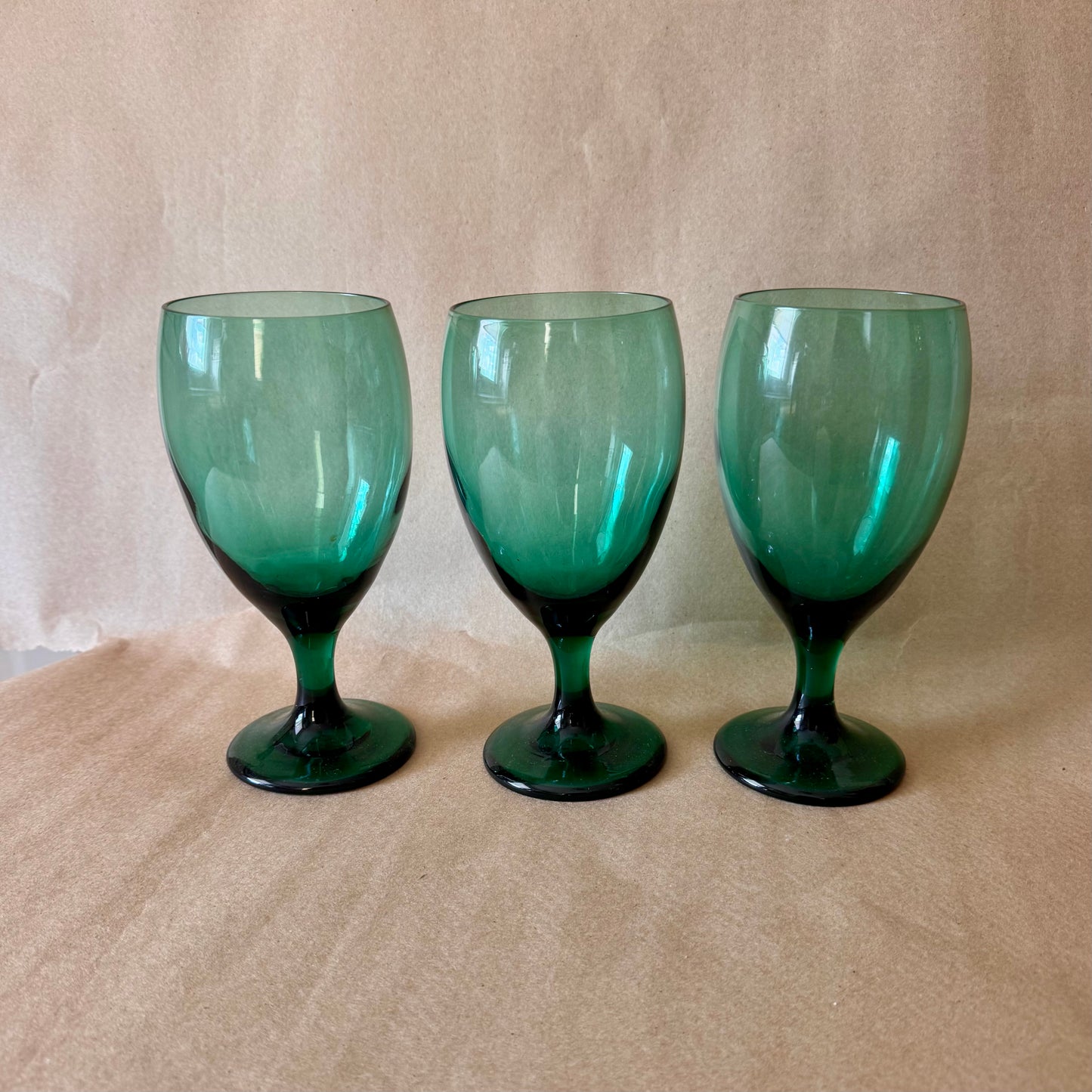 Green Glass Water Goblets, Set of Six