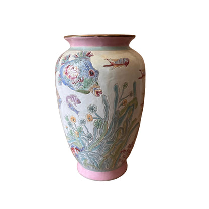 Tropical Fish Vase, Pastel Relief Ceramic with Gilt Rim