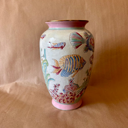 Tropical Fish Vase, Pastel Relief Ceramic with Gilt Rim