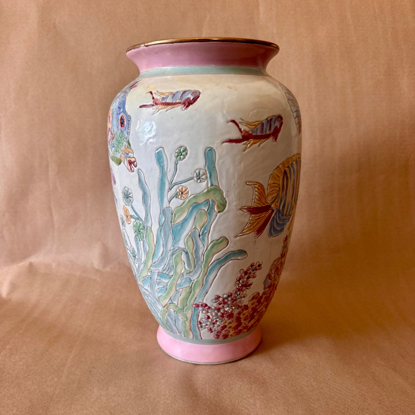 Tropical Fish Vase, Pastel Relief Ceramic with Gilt Rim