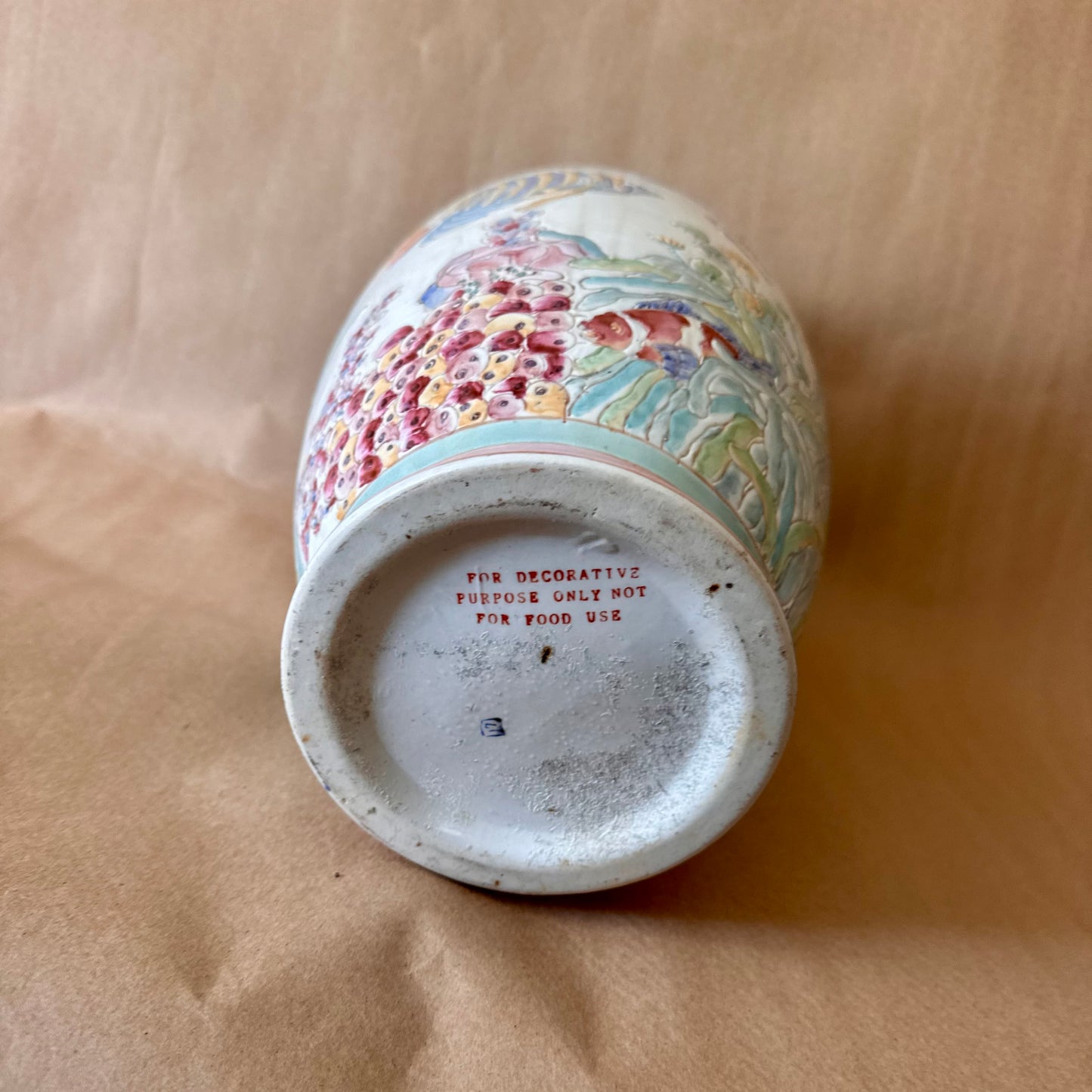 Tropical Fish Vase, Pastel Relief Ceramic with Gilt Rim