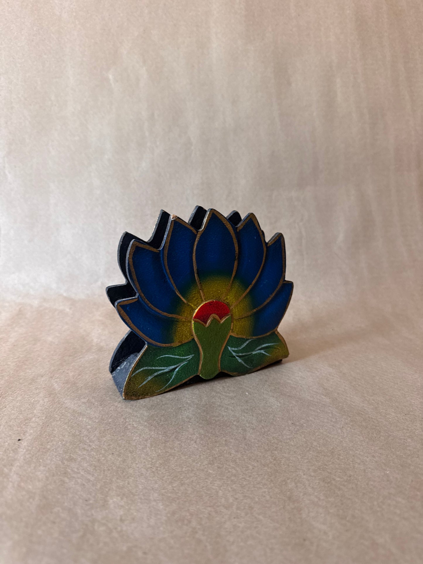Cloisonné Lotus Napkin Holder, Blue and Green Enamel