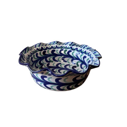 Hand-Painted Spanish Ruffled Bowl, Blue and Green