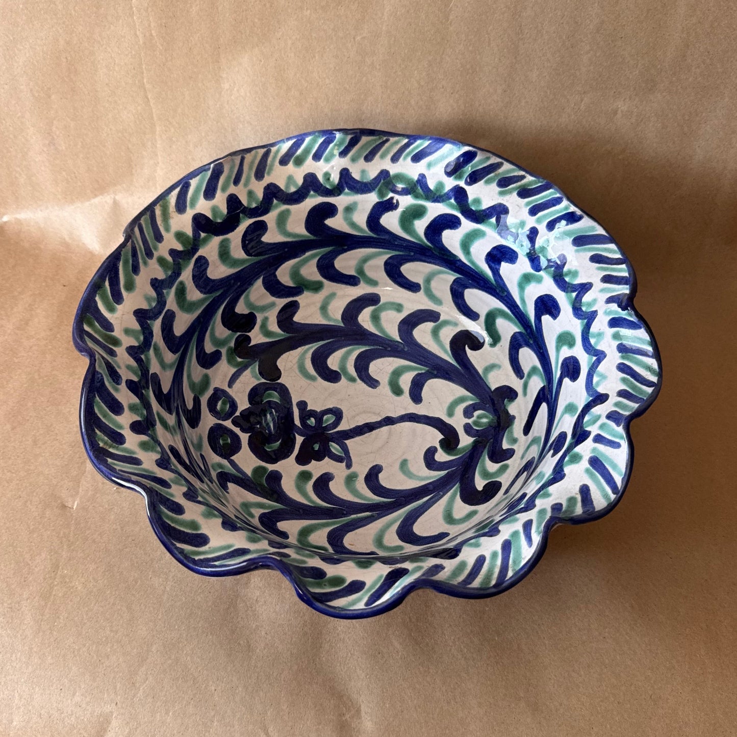Hand-Painted Spanish Ruffled Bowl, Blue and Green