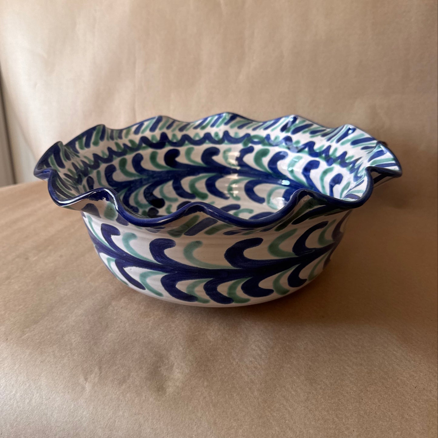 Hand-Painted Spanish Ruffled Bowl, Blue and Green