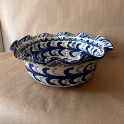 Hand-Painted Spanish Ruffled Bowl, Blue and Green