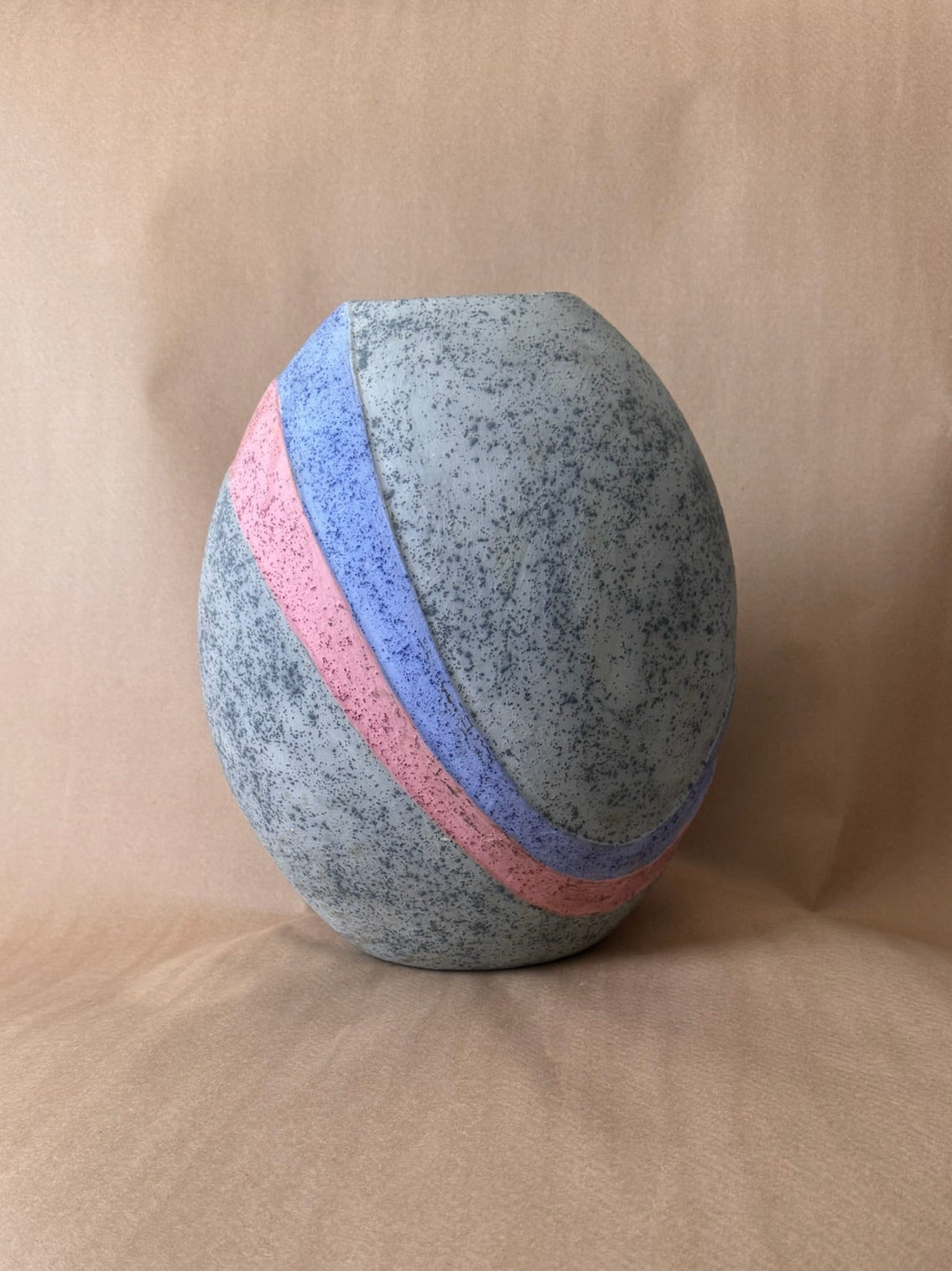 Speckled Studio Vase with Pink and Blue Bands, Signed