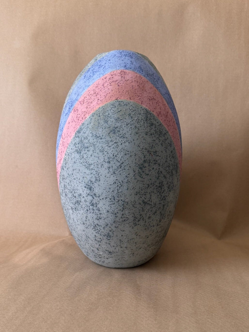 Speckled Studio Vase with Pink and Blue Bands, Signed