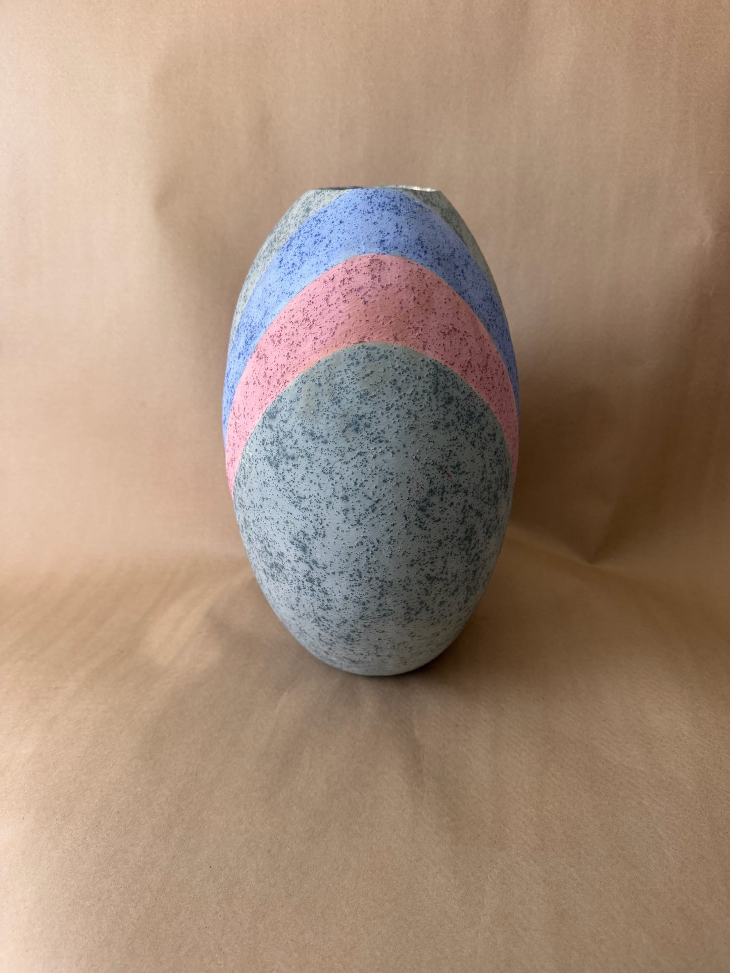 Speckled Studio Vase with Pink and Blue Bands, Signed
