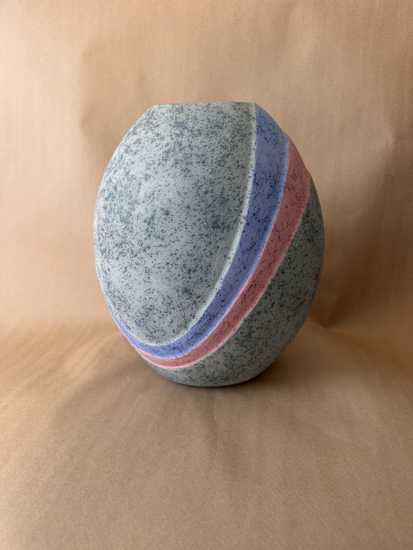 Speckled Studio Vase with Pink and Blue Bands, Signed