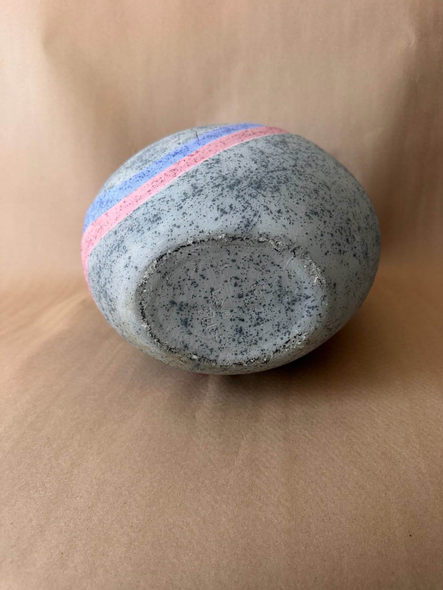 Speckled Studio Vase with Pink and Blue Bands, Signed