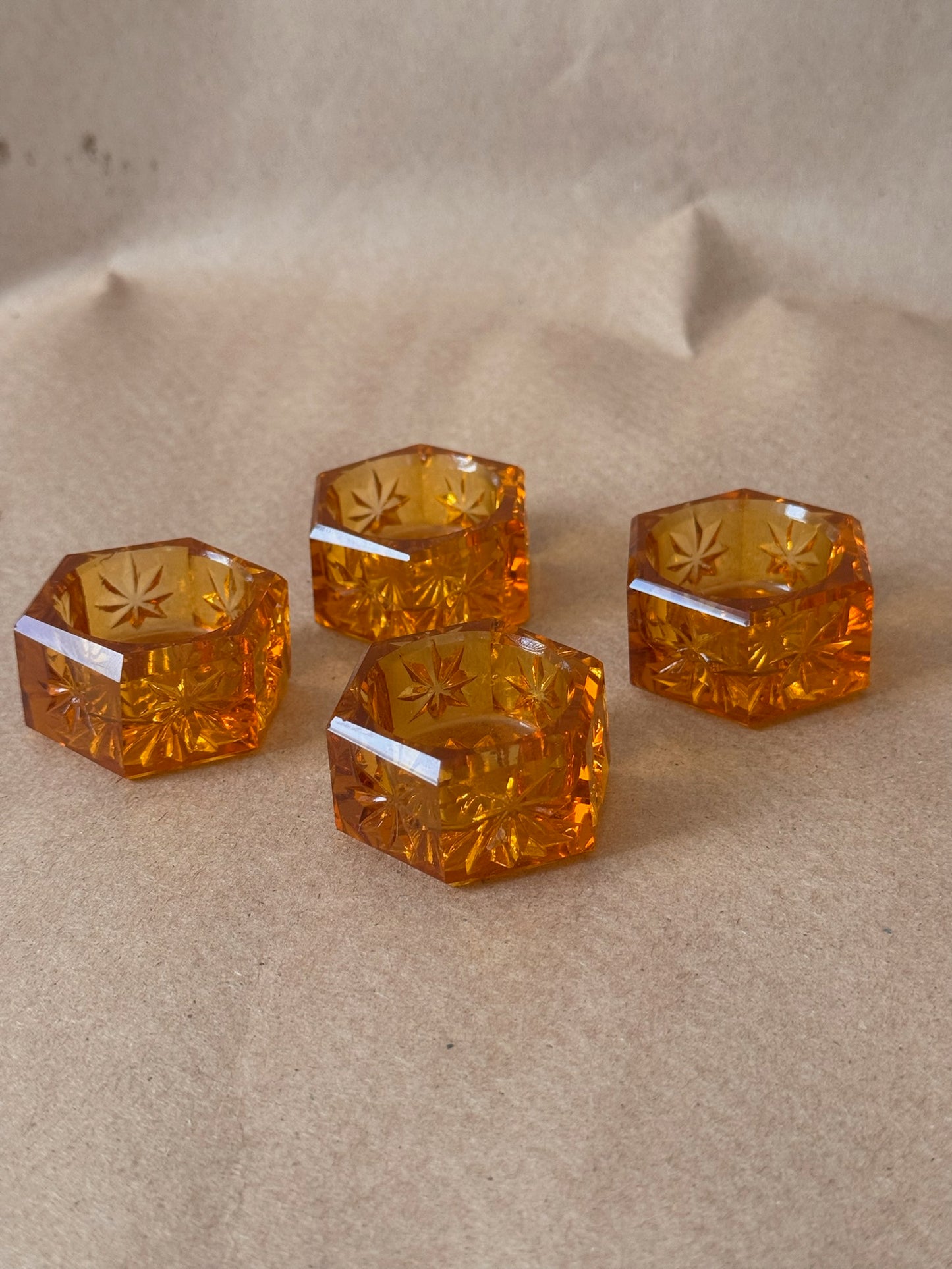 Amber Cut Glass Salt Cellars, Set of Four