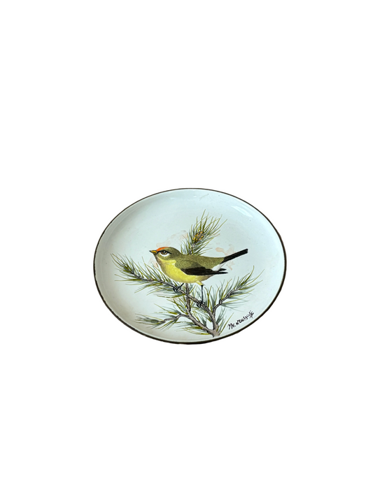 Enamel on Copper Bird Dish, Signed